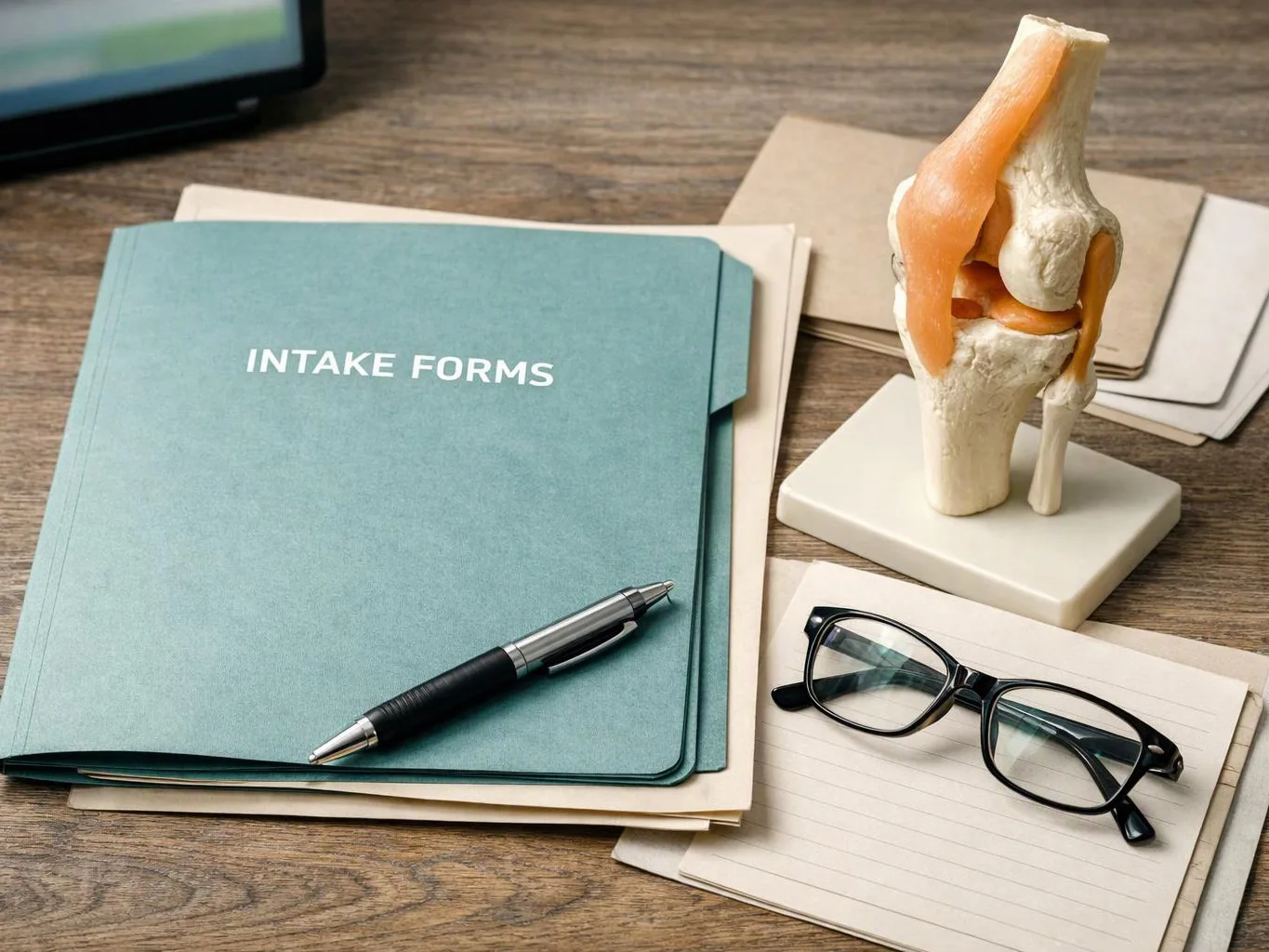 A desk holds intake forms, a pen, eyeglasses, and a knee joint model on paper stacks