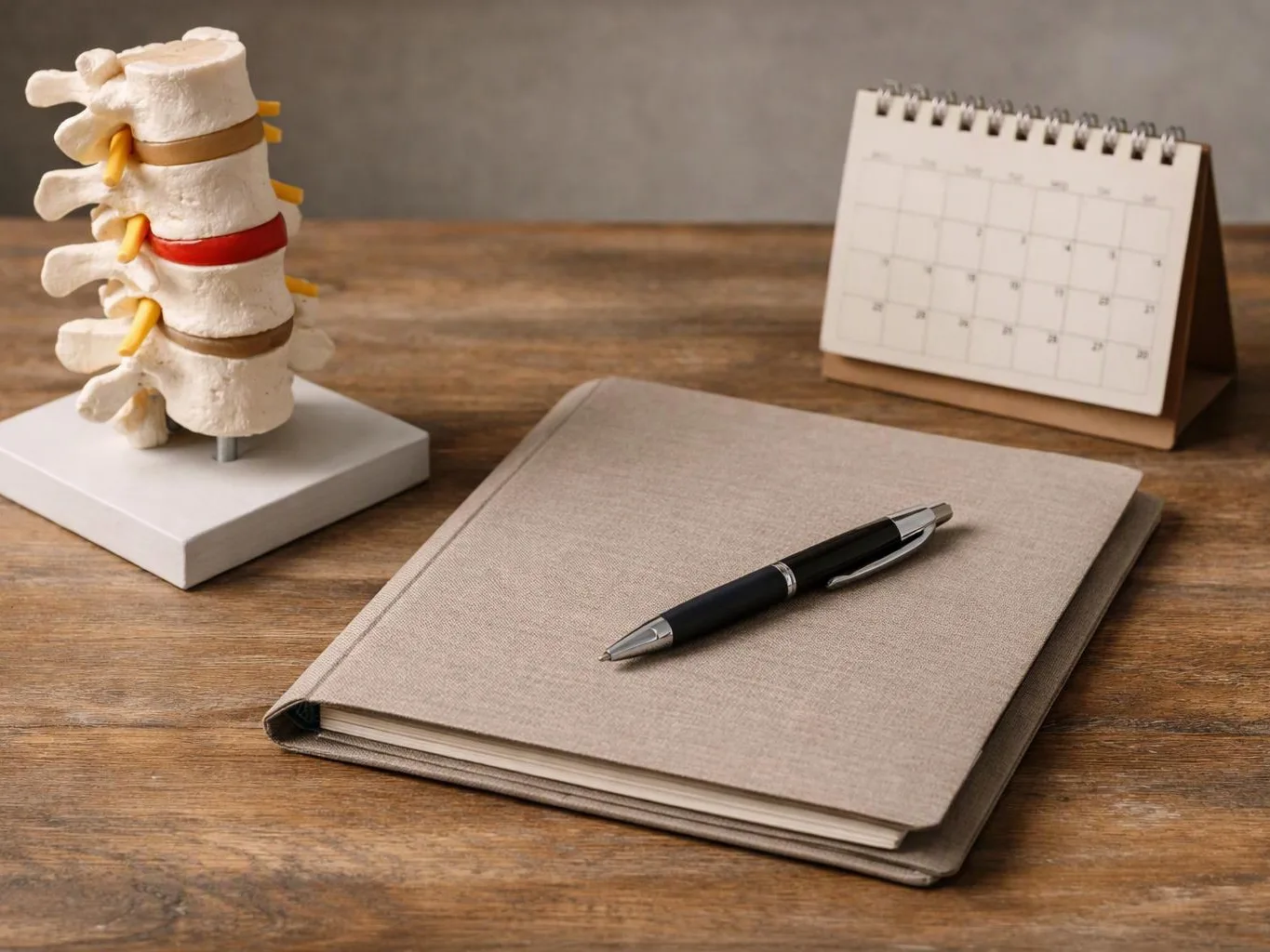 A desk shows a spine model, a blank calendar, and a notebook with a pen on a wooden surface
