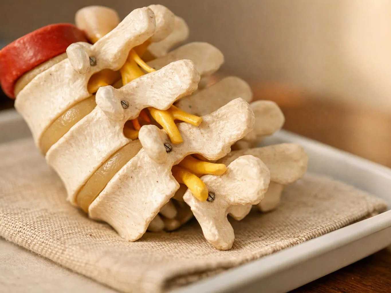 A detailed spine model rests on a tray with beige cloth, showing vertebrae and yellow nerve roots