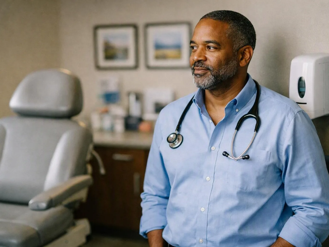 A doctor in a blue shirt stands beside an exam chair in a clinic room