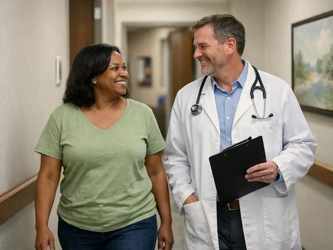 A doctor with a clipboard walks and smiles beside a woman in a clinic hallway