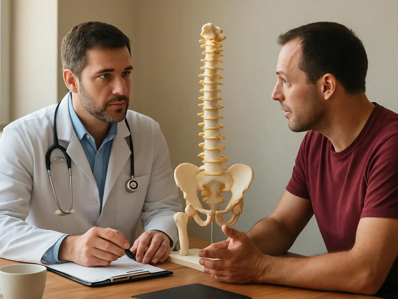 A doctor consults with a man across a desk beside a spine model in a bright office