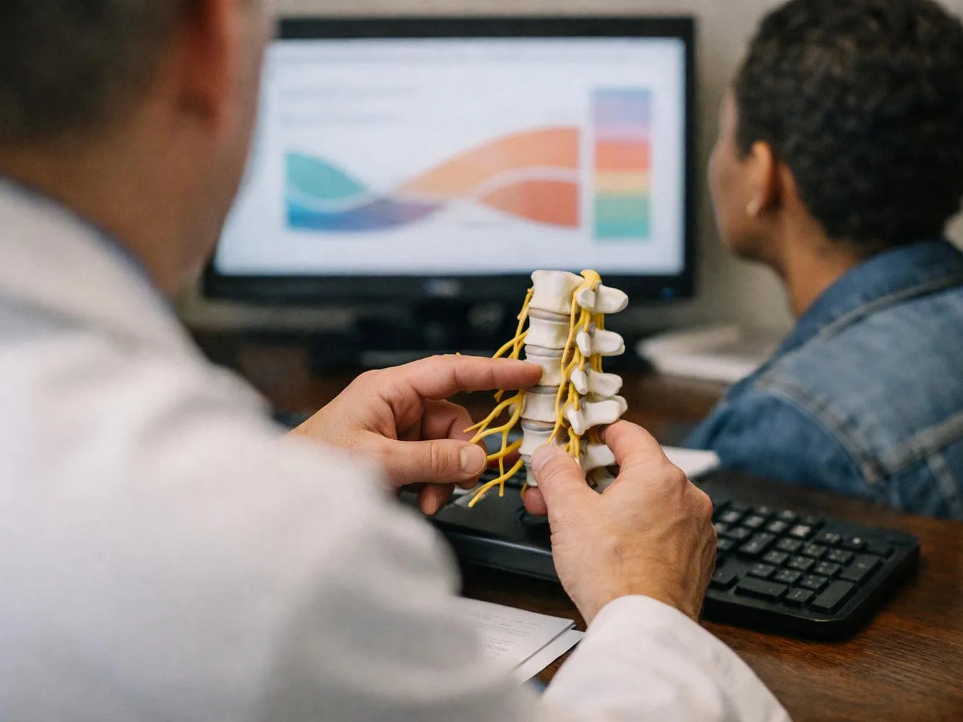 A doctor holds a spine model while showing a blurred chart to a seated patient in an office