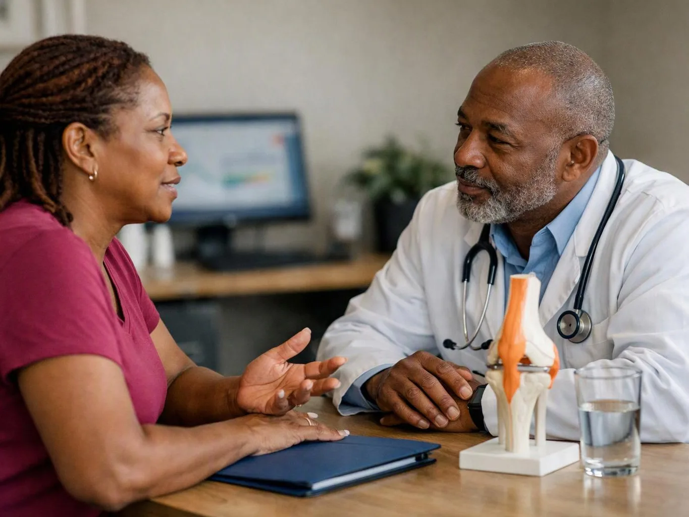 A doctor listens to a woman in a clinic, with a knee model and glass of water on the table