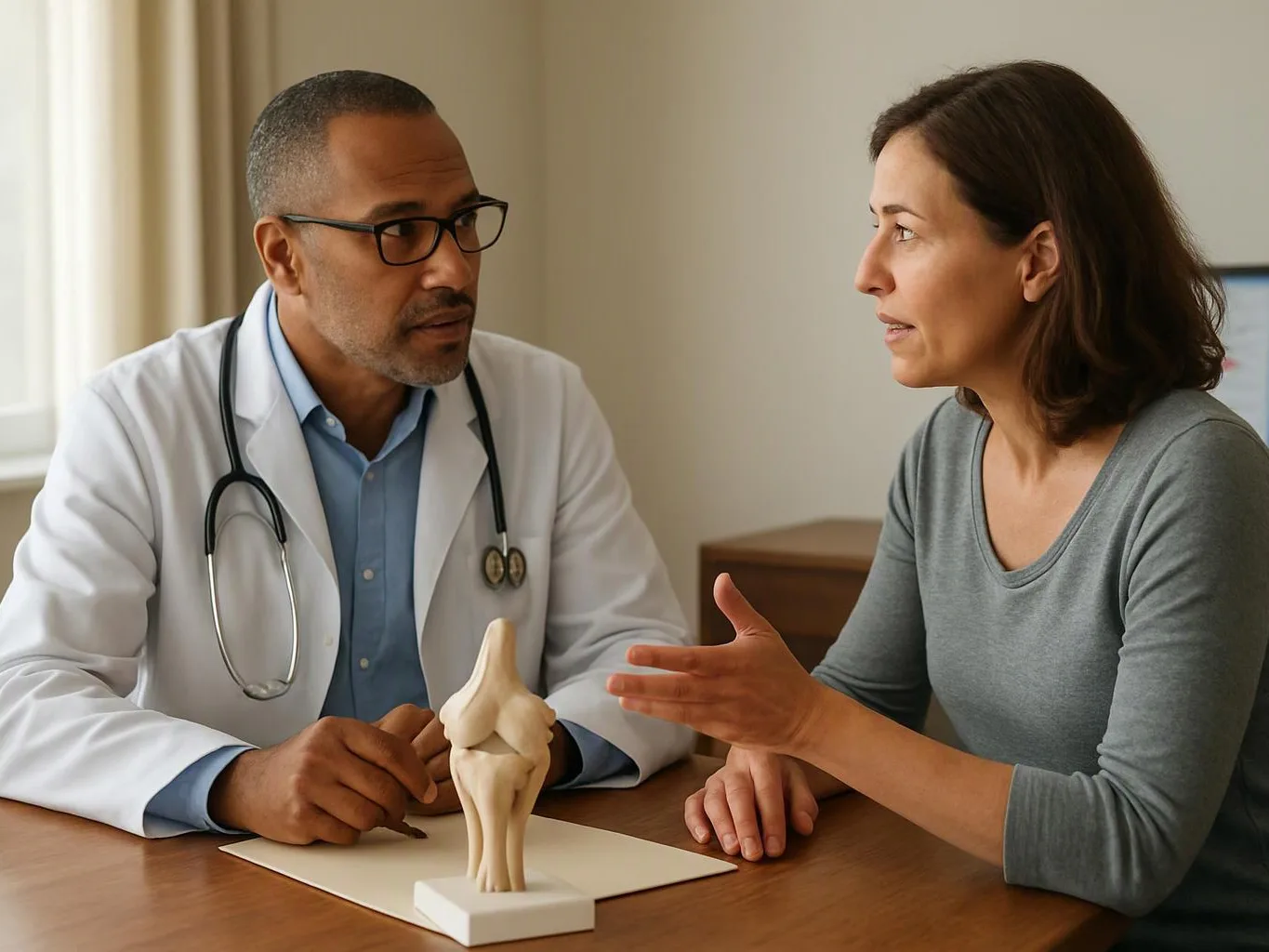 A doctor listens to a woman speaking across a desk, with a knee model between them