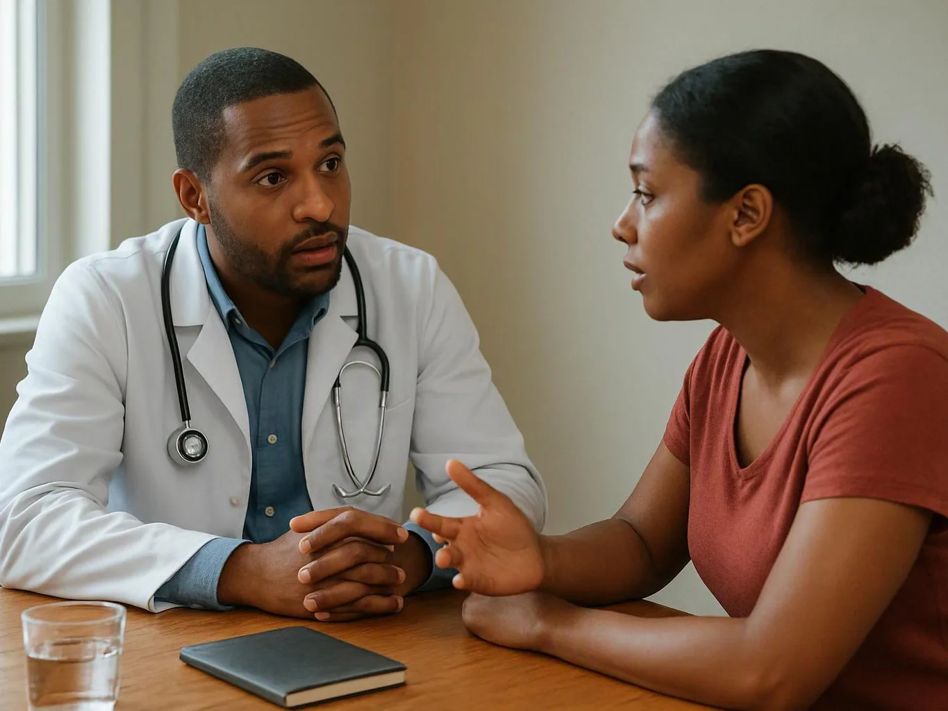 A doctor listens to a woman speaking across a table in a bright room