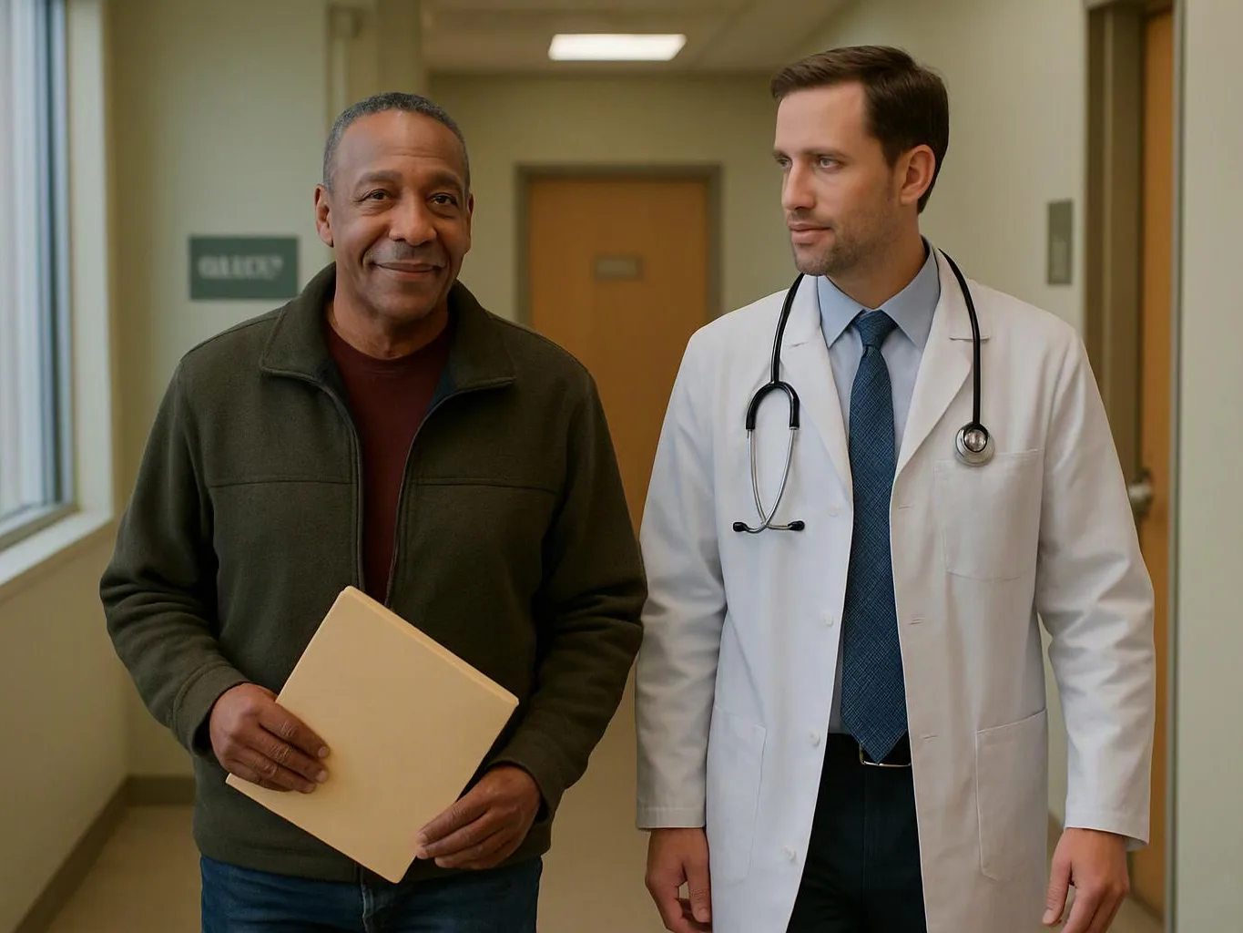 A doctor and a man holding a folder walk down a hospital hallway together