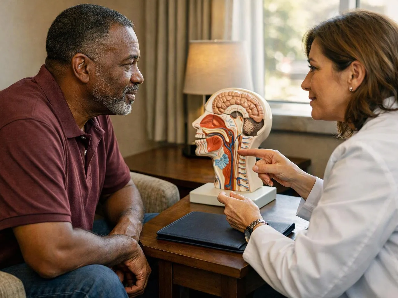 A doctor points to a head anatomy model while speaking with a seated man in a bright exam room