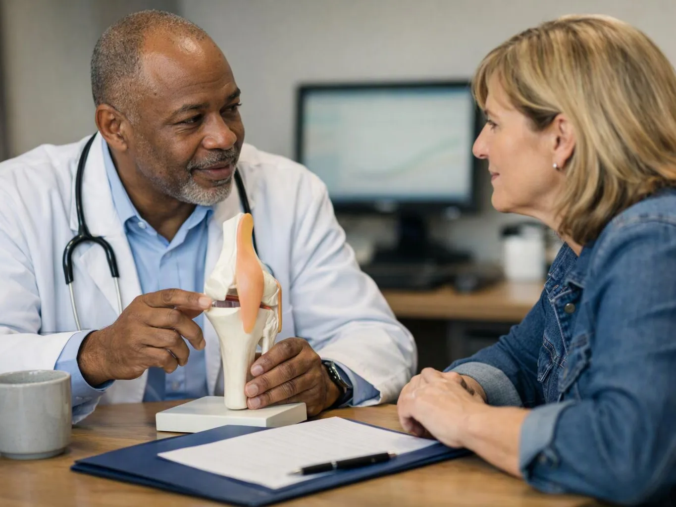 A doctor points to a knee model while speaking with a woman across a desk in a clinic office