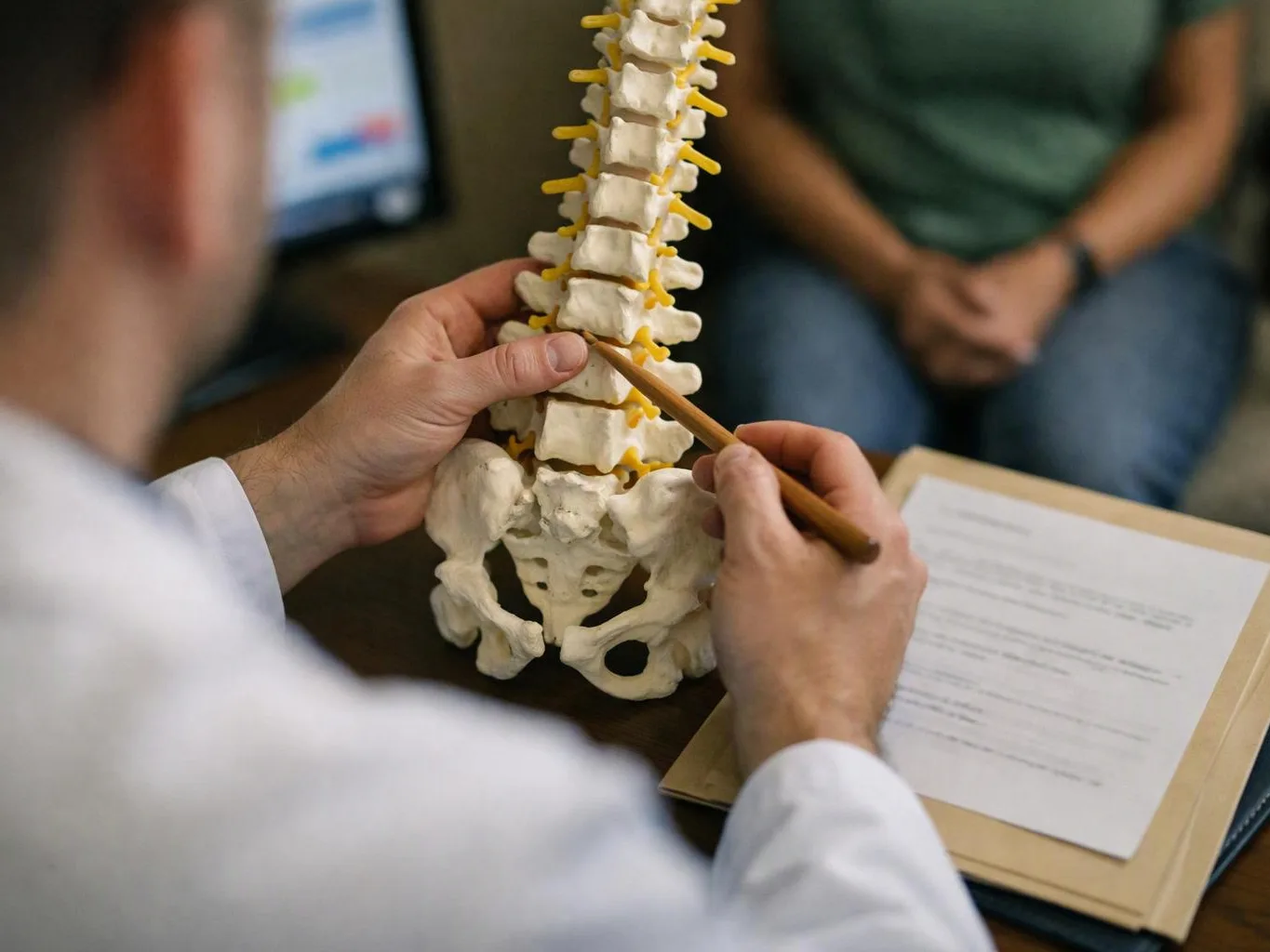 A doctor points at a spine model while holding a clipboard in a consultation room