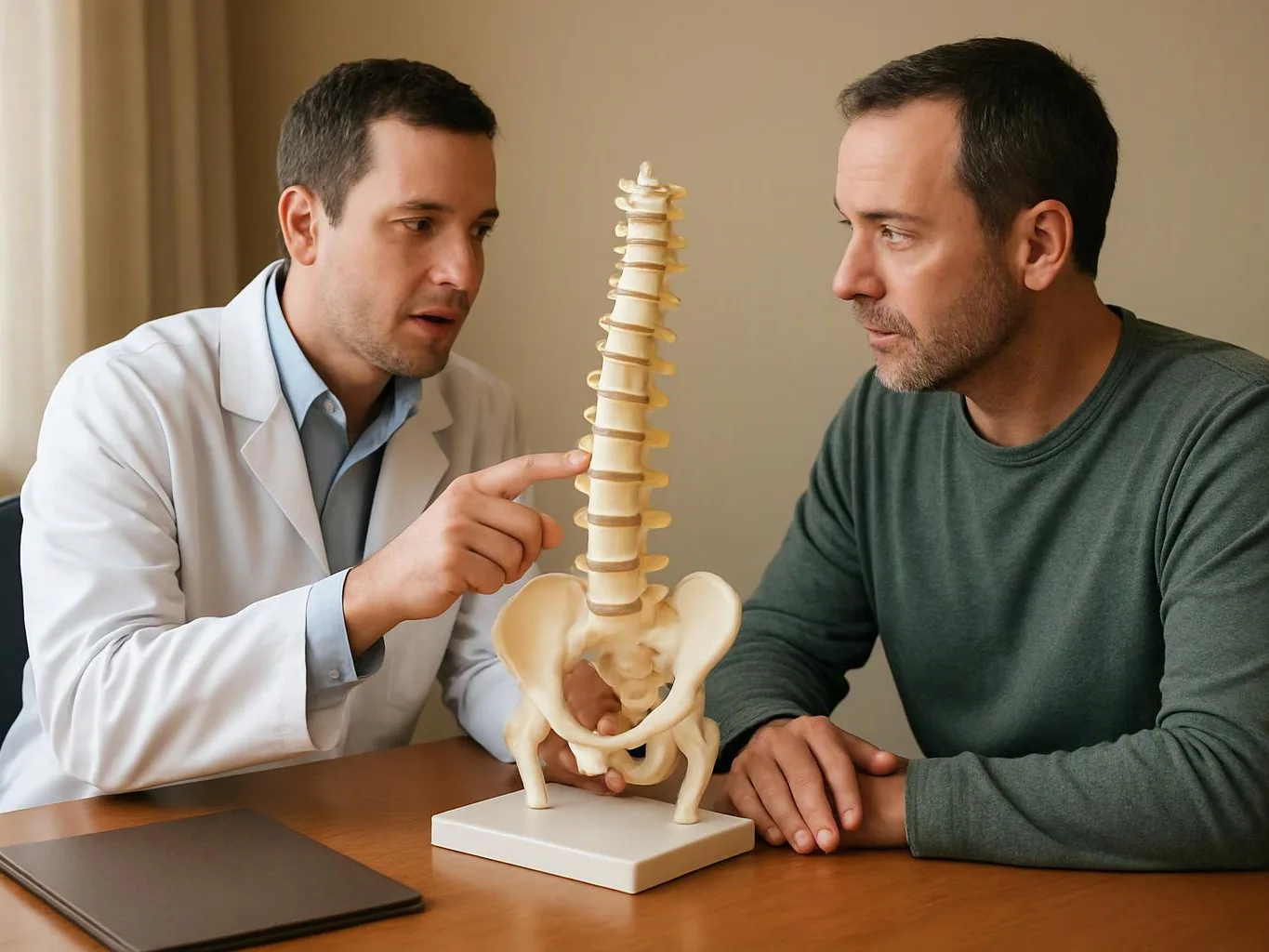 A doctor points to a spine model while speaking with a man seated across a table indoors