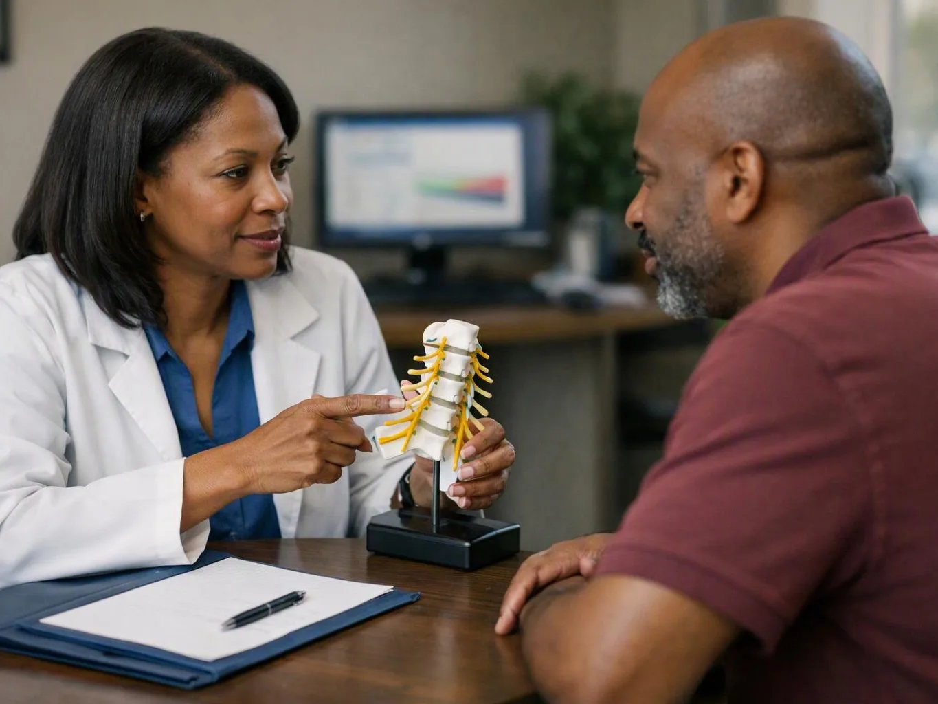 A doctor points to a spine model while speaking with a seated man in an exam room