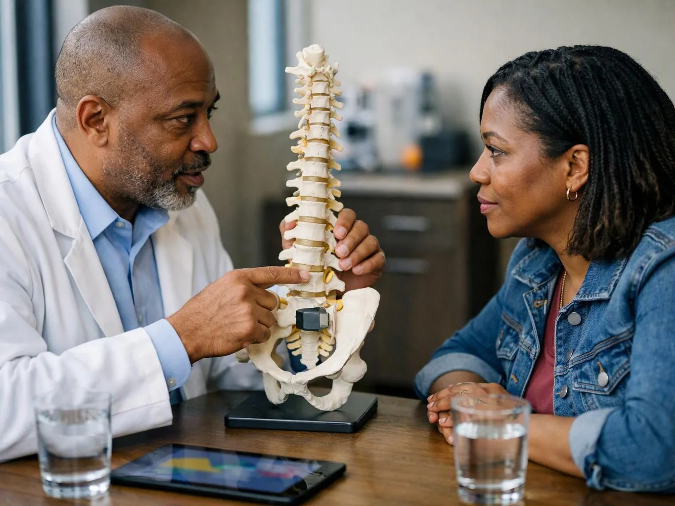 A doctor points to a spine model while speaking with a woman at a clinic table
