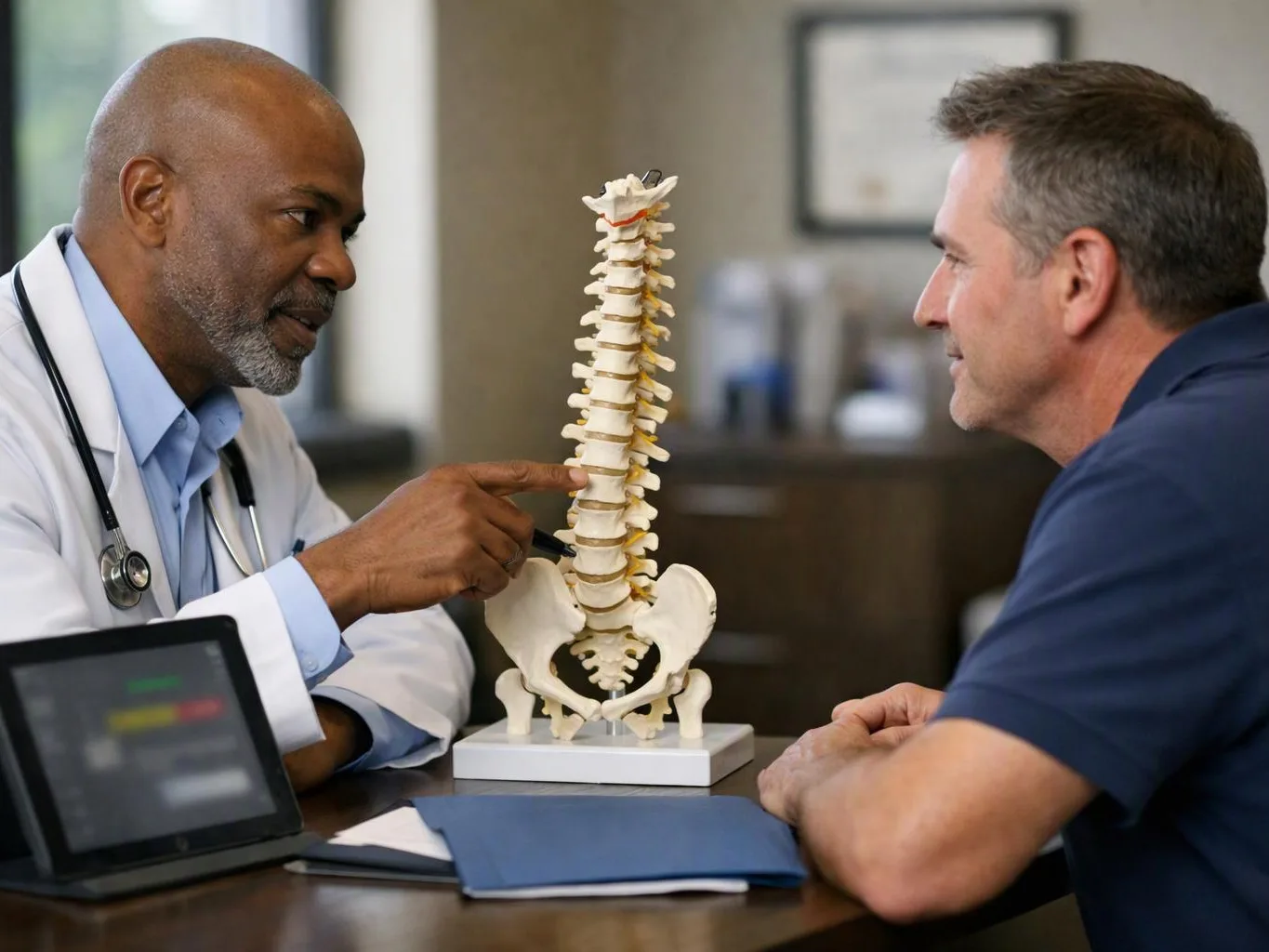 A doctor points to a spine model while talking with a man across a desk in an exam room