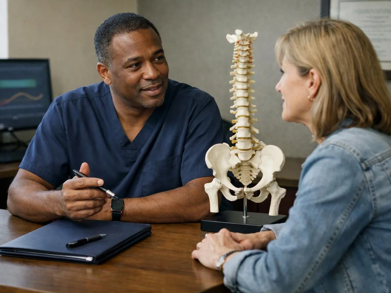 A doctor in scrubs talks with a woman across a desk beside a spine model