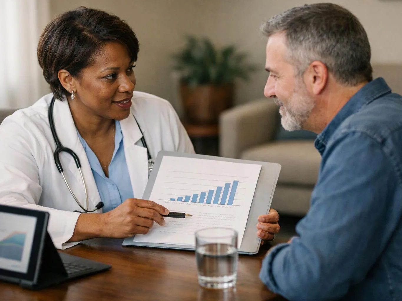 A doctor shows a bar chart on a tablet to a seated man in a 상담 room