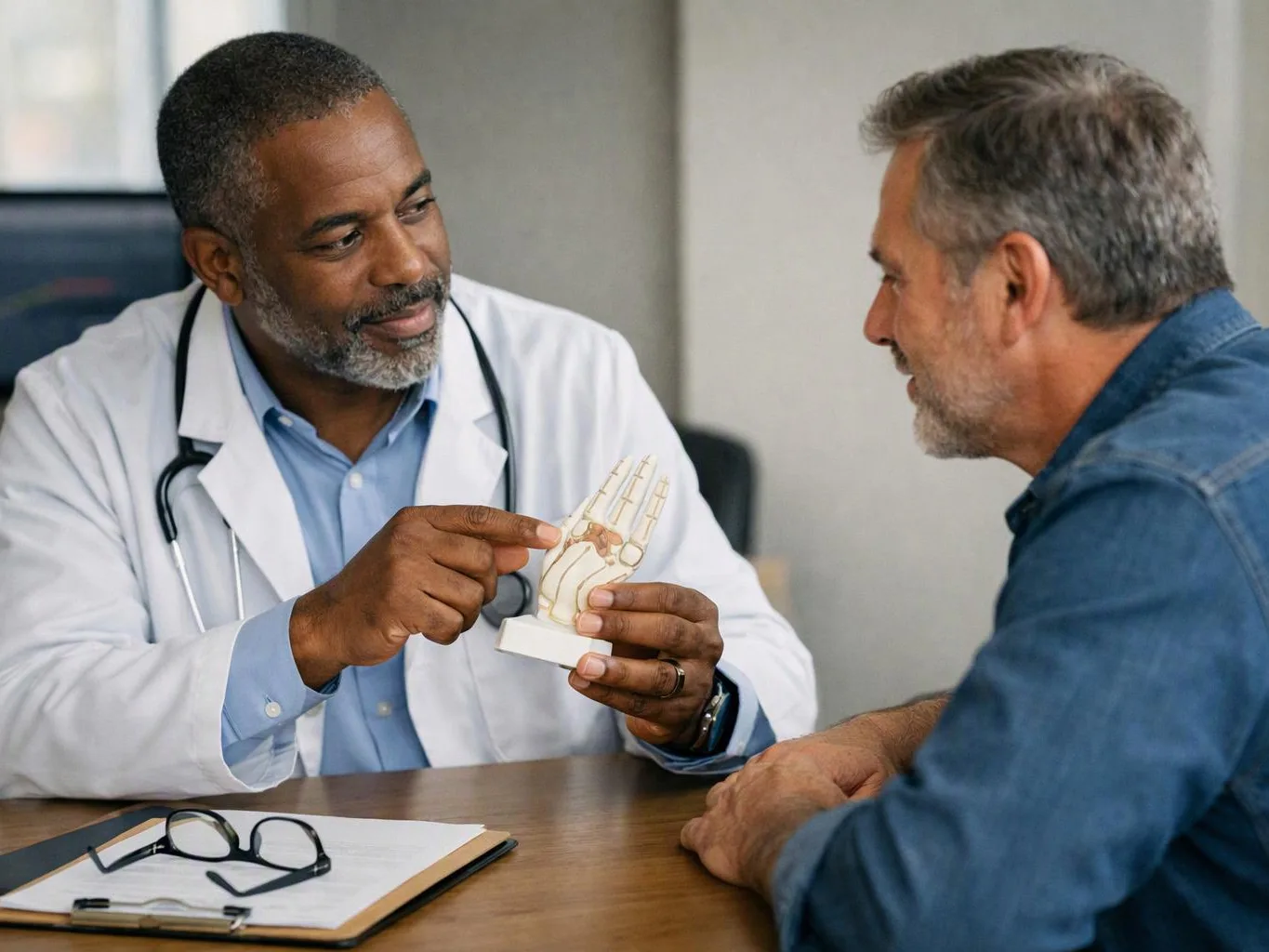 A doctor shows a hand model and points to a joint while talking with a seated man in an exam room