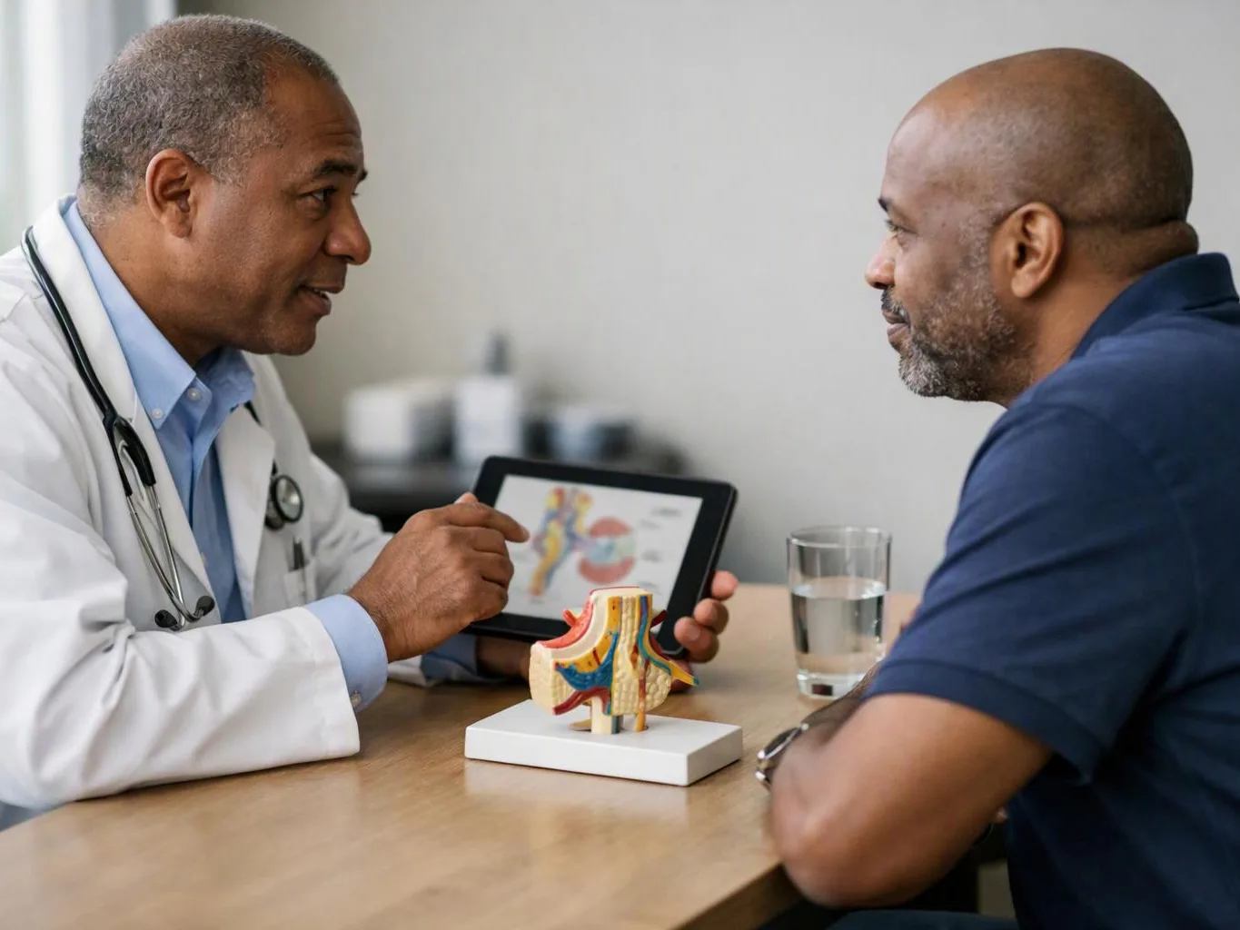 A doctor shows a patient a tablet diagram at a clinic table with a spine model and water glass