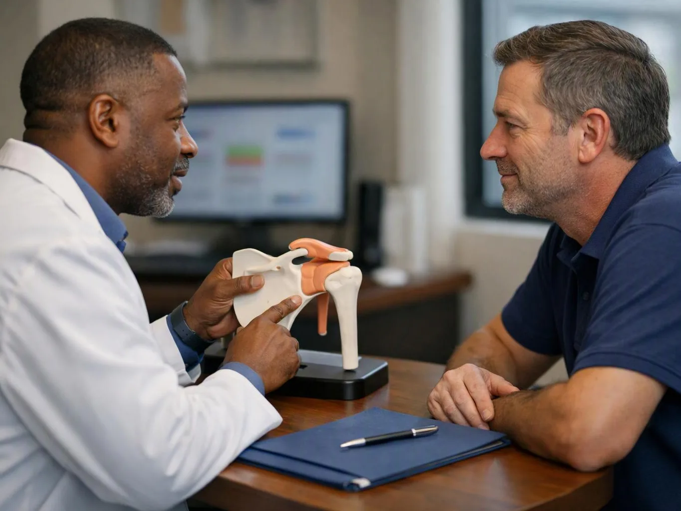 A doctor shows a shoulder model to a seated man during a consultation in an office
