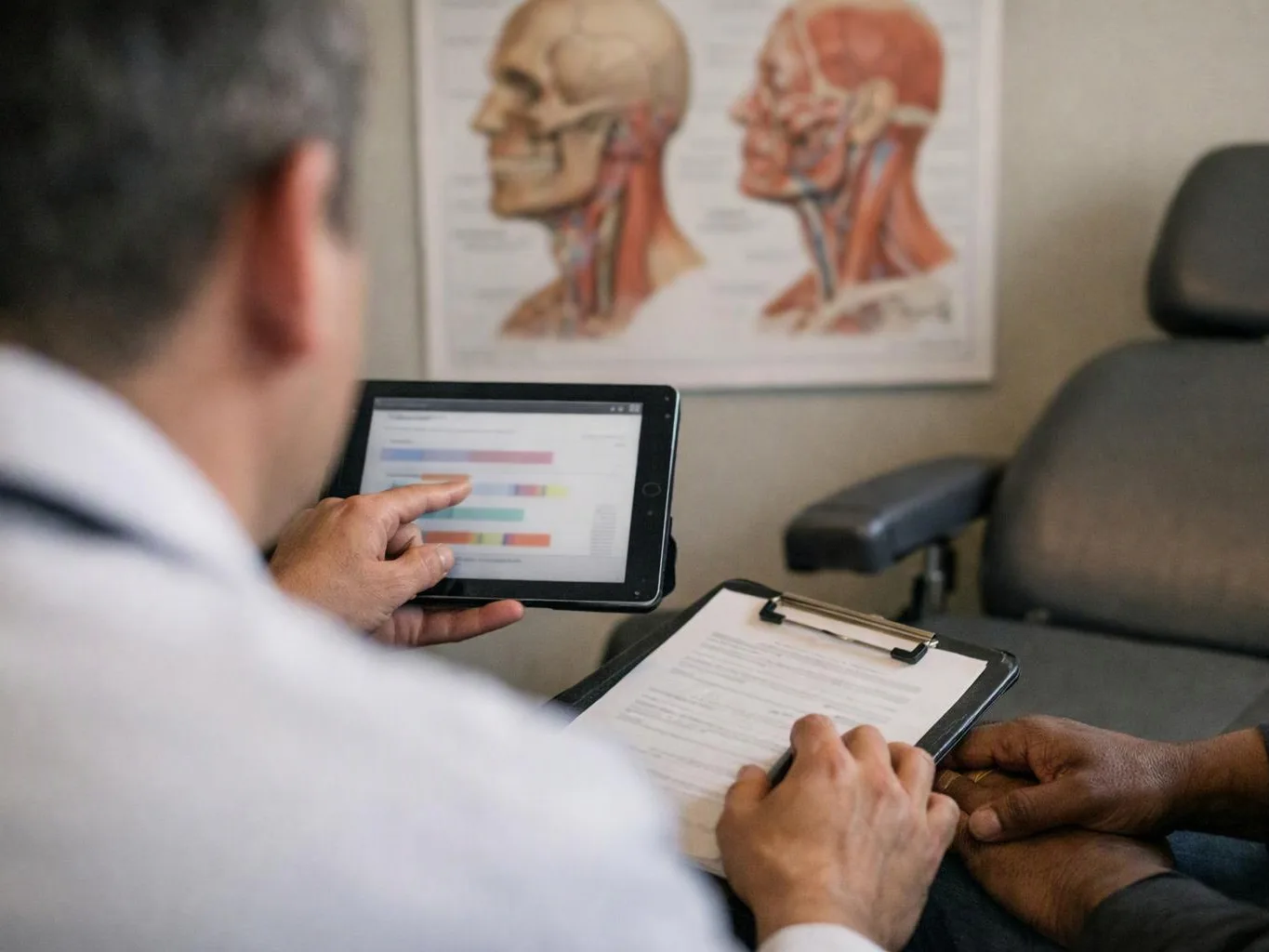 A doctor shows a tablet chart while reviewing a clipboard with a seated patient in an exam room