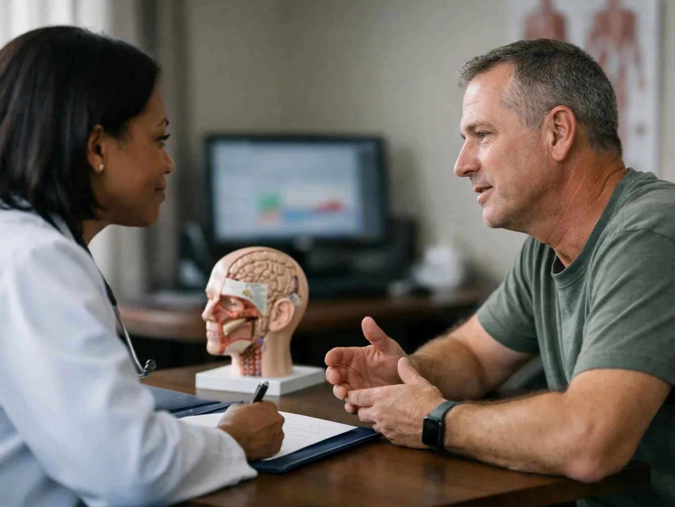 Doctor speaks with a seated man across a desk, with a brain anatomy model between them