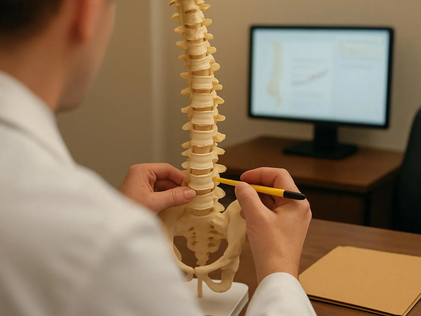 A doctor studies a spine model with a pencil at a desk, with a computer monitor in the background