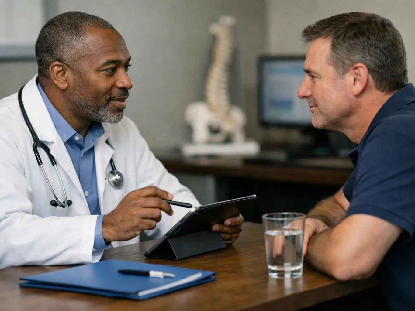 A doctor talks with a man across a desk, pointing at a tablet in a medical office