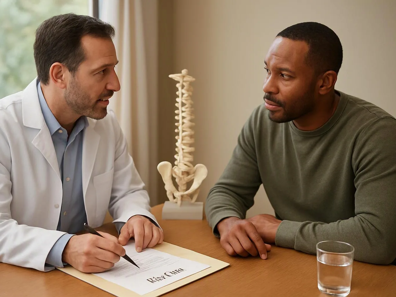 A doctor talks with a man across a desk, with a spine model and a glass of water nearby