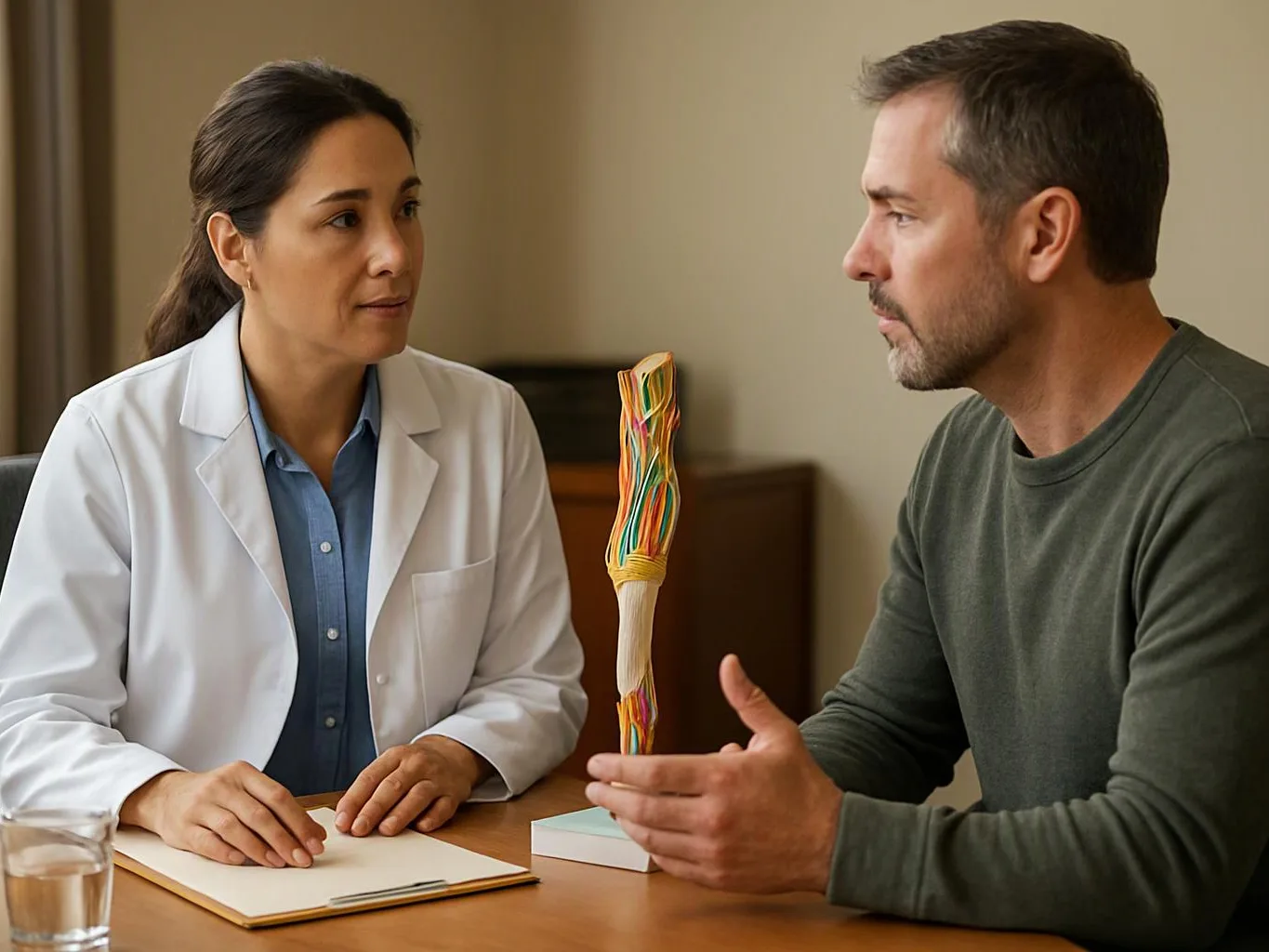 A doctor talks with a man across a table beside a colorful nerve model in a quiet room
