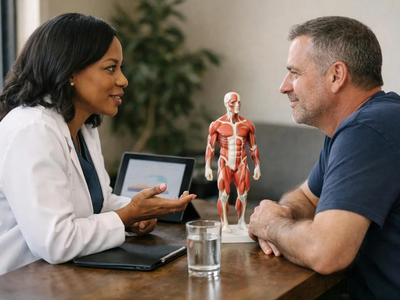 A doctor talks with a man across a table beside a muscle anatomy model and tablet