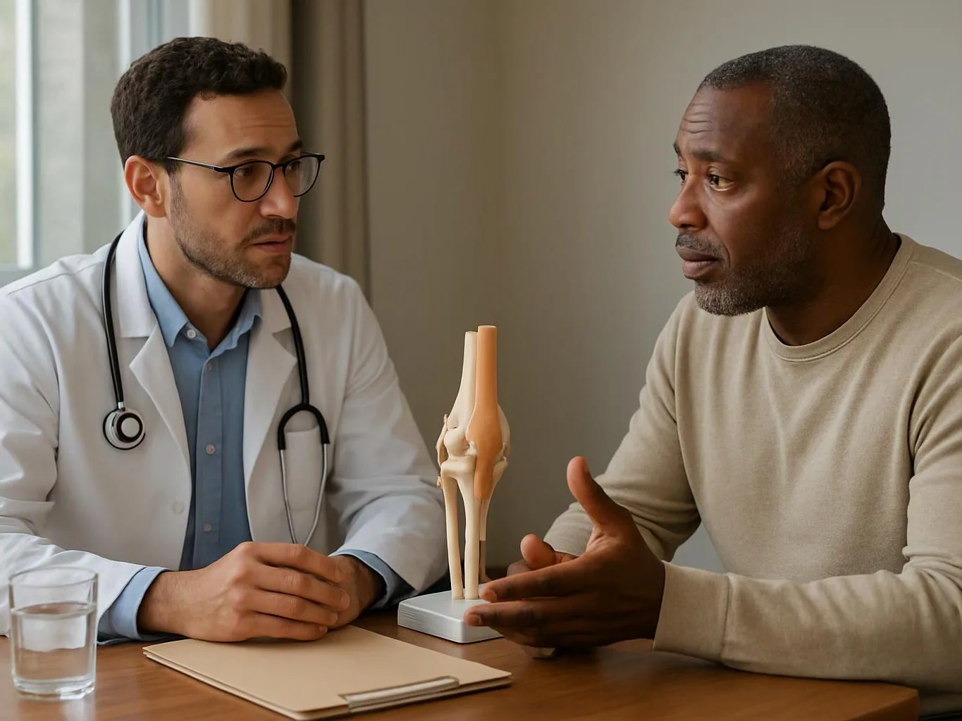 A doctor talks with a seated man across a table beside a knee model and papers