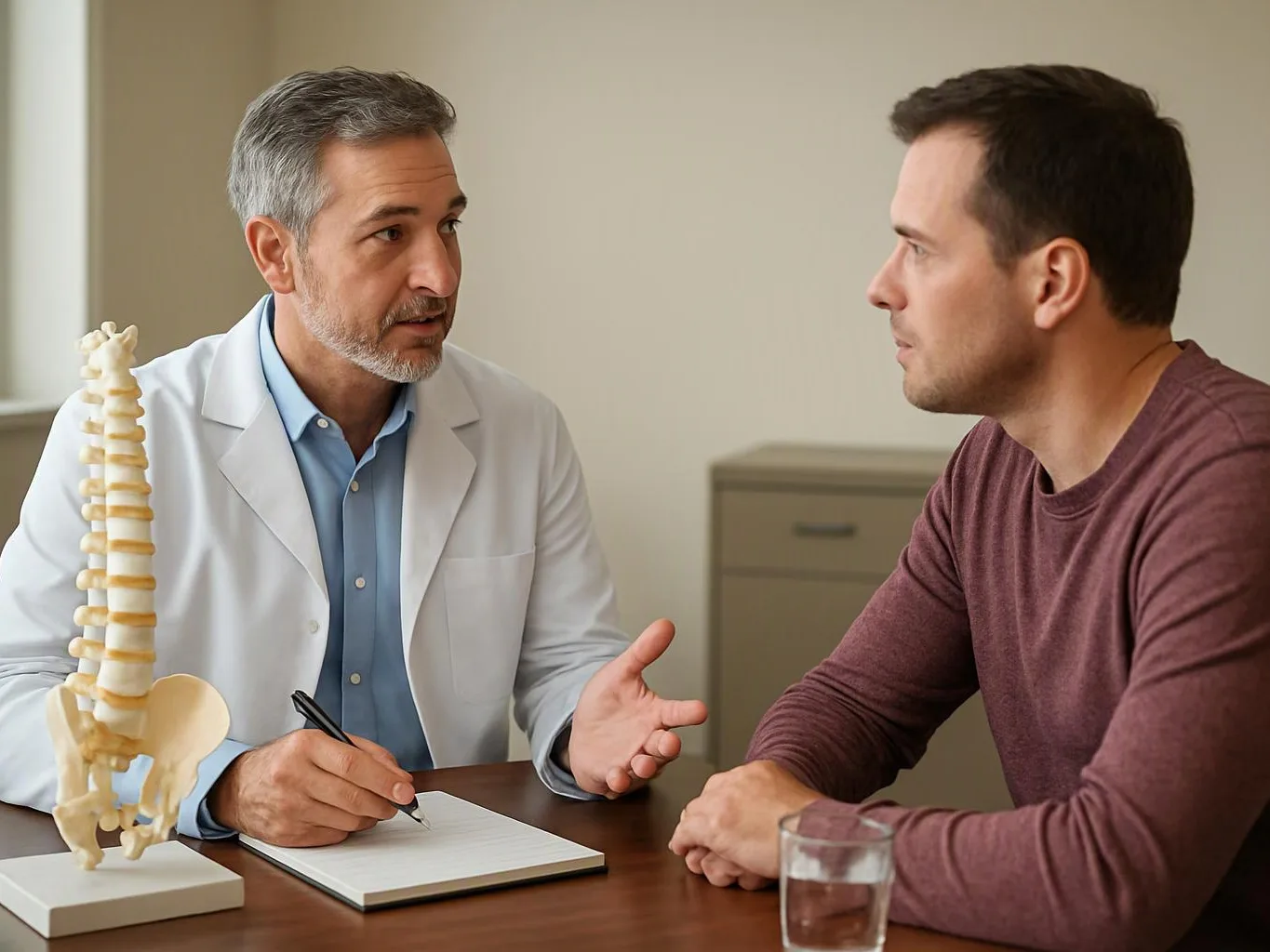 A doctor talks with a seated man at a desk, with a spine model and notebook in a clinic room