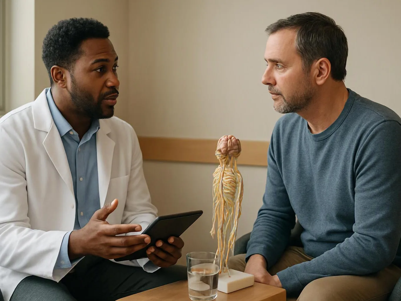 A doctor talks with a seated man while holding a tablet, beside a medical nerve model on a table