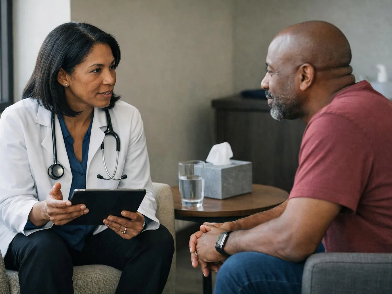 A doctor talks with a seated man while holding a tablet in a clinic waiting room