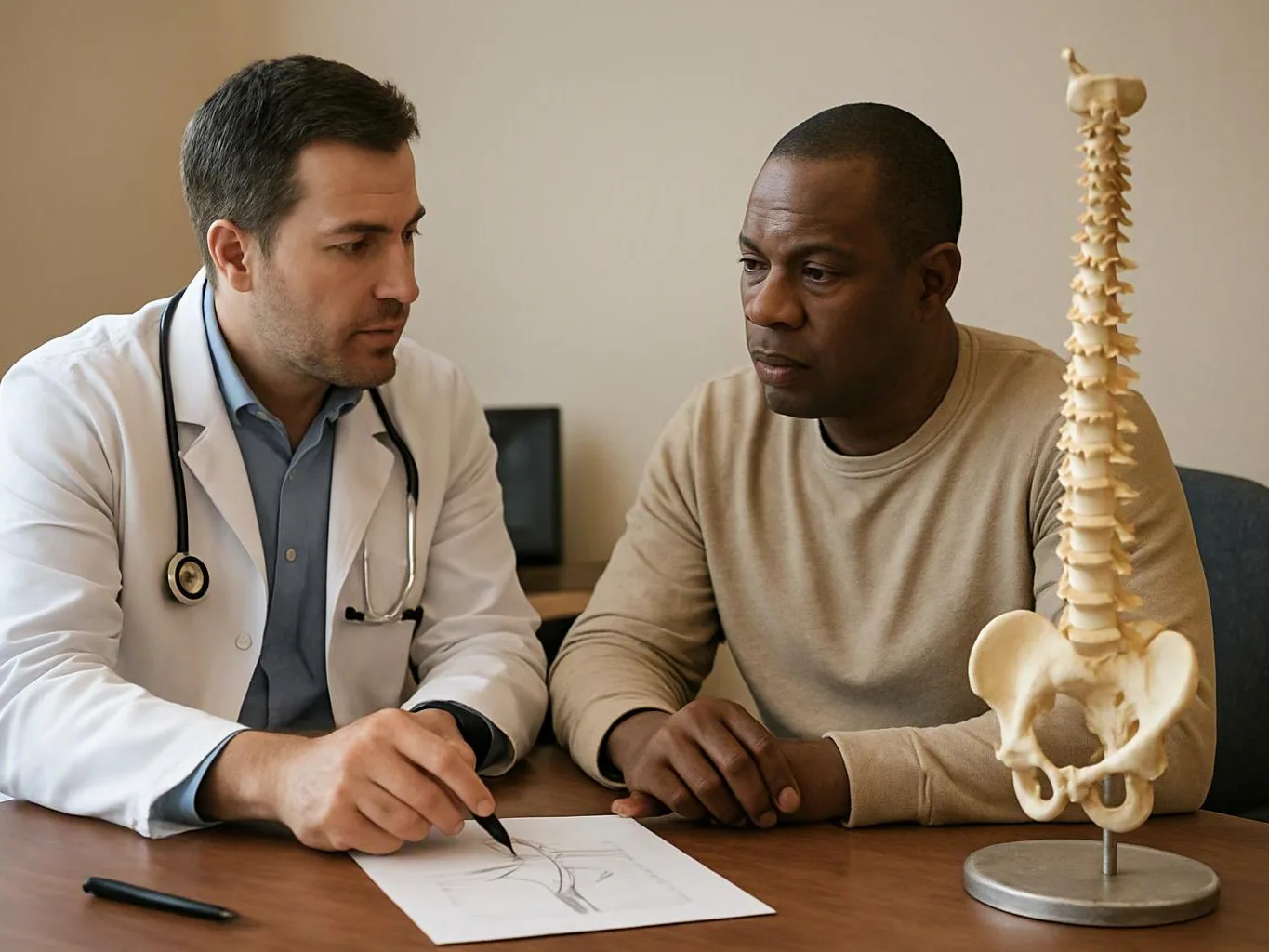A doctor talks with a seated man while pointing at a spine drawing and model in a clinic room
