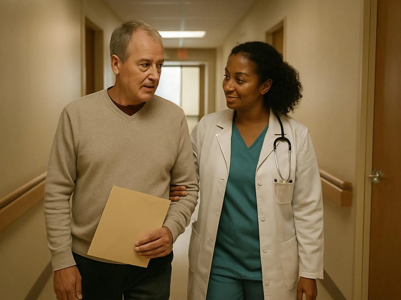 A doctor walks beside a man holding a folder in a hospital hallway