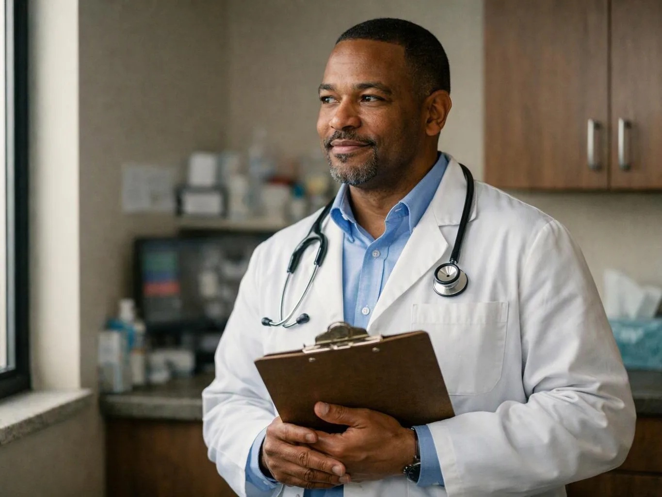 A doctor in a white coat holds a clipboard and smiles in a clinic exam room