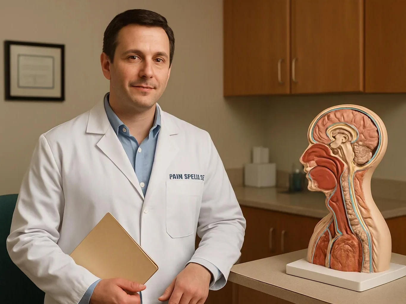 A doctor in a white coat holds a folder beside a detailed head and neck anatomy model in an exam room