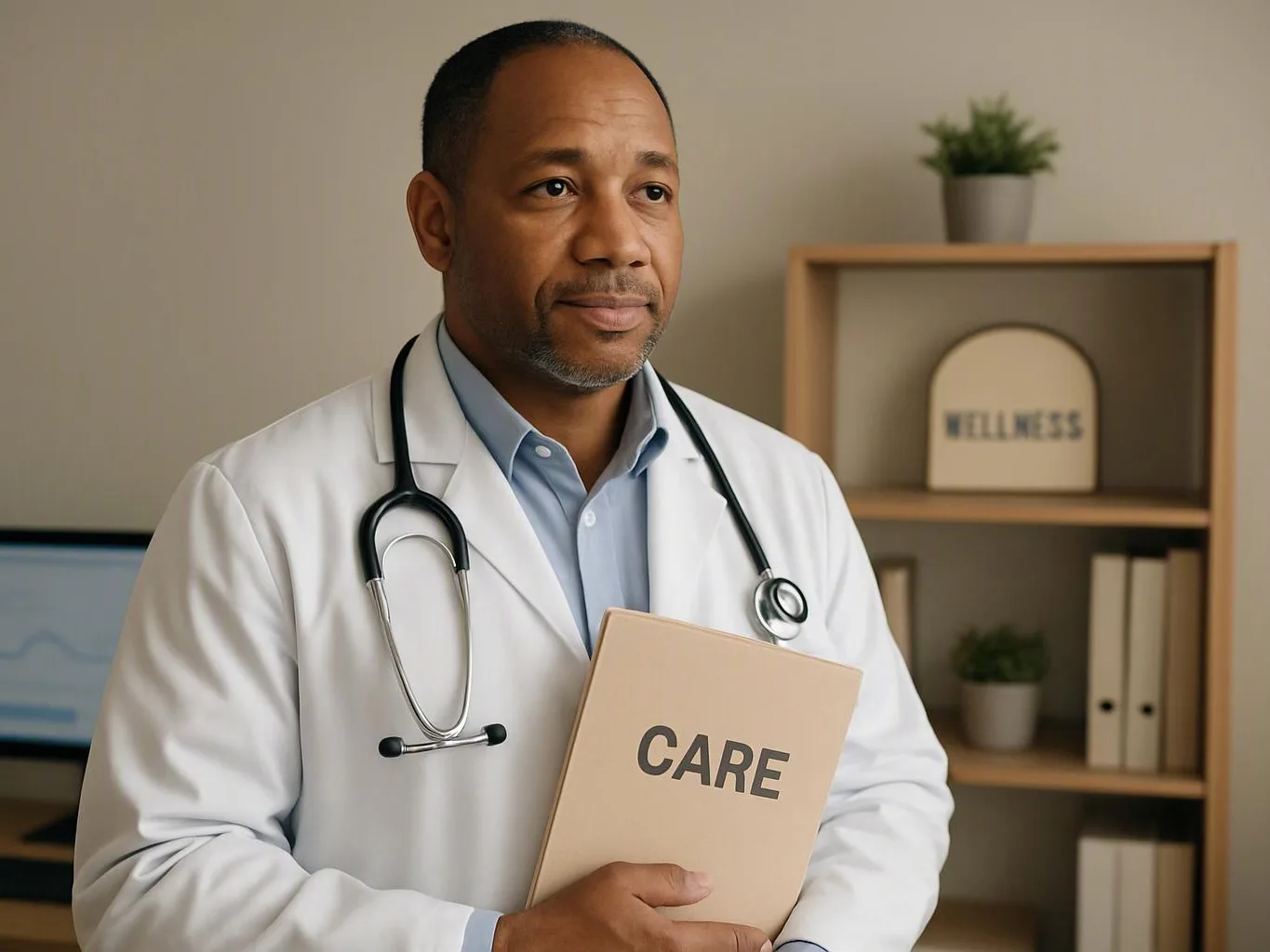 A doctor in a white coat holds a folder labeled CARE in a tidy office with shelves and plants