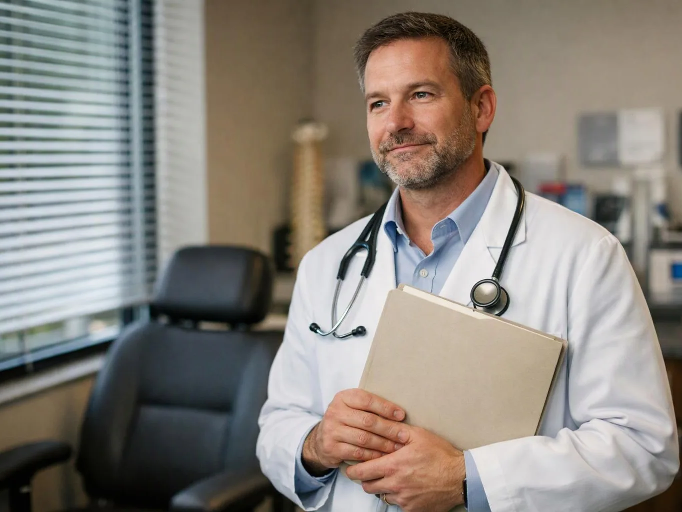 A doctor in a white coat holds a folder in a medical office beside an exam chair and window blinds