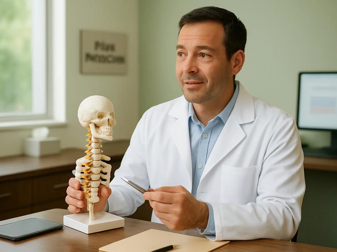 A doctor in a white coat holds a spine model and a pen in a bright exam room