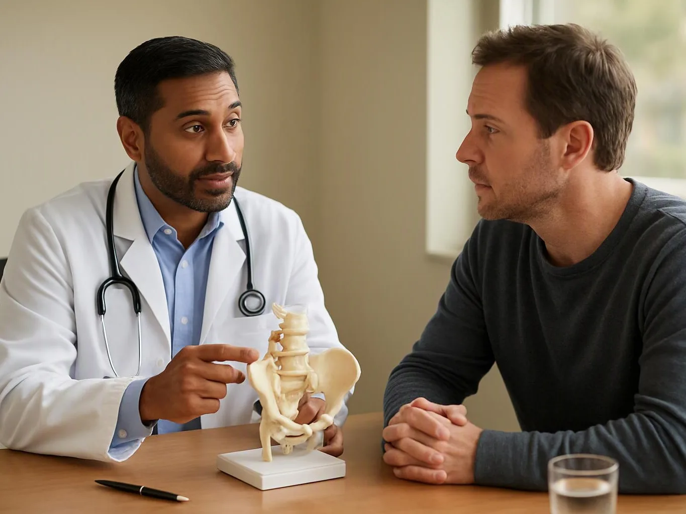 A doctor in a white coat points to a pelvis model while talking with a seated patient in a clinic room