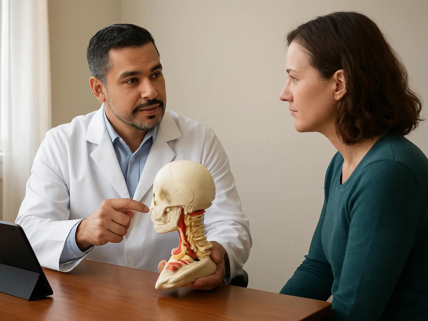 A doctor in a white coat points to a skull model while talking with a seated woman at a table