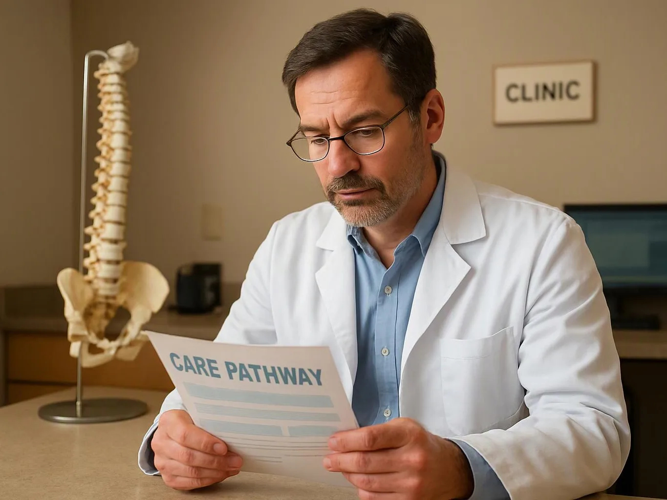 A doctor in a white coat reads a paper labeled "CARE PATHWAY" in a clinic, with a spine model behind him