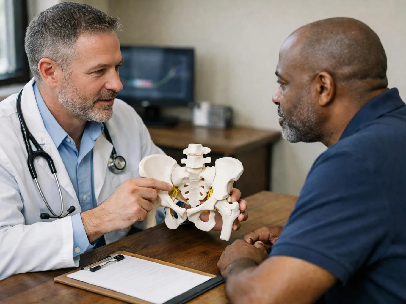 A doctor in a white coat shows a pelvis model to a seated patient in an exam room