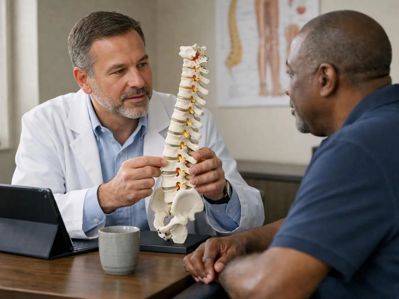 A doctor in a white coat shows a spine model to a seated patient in an exam room