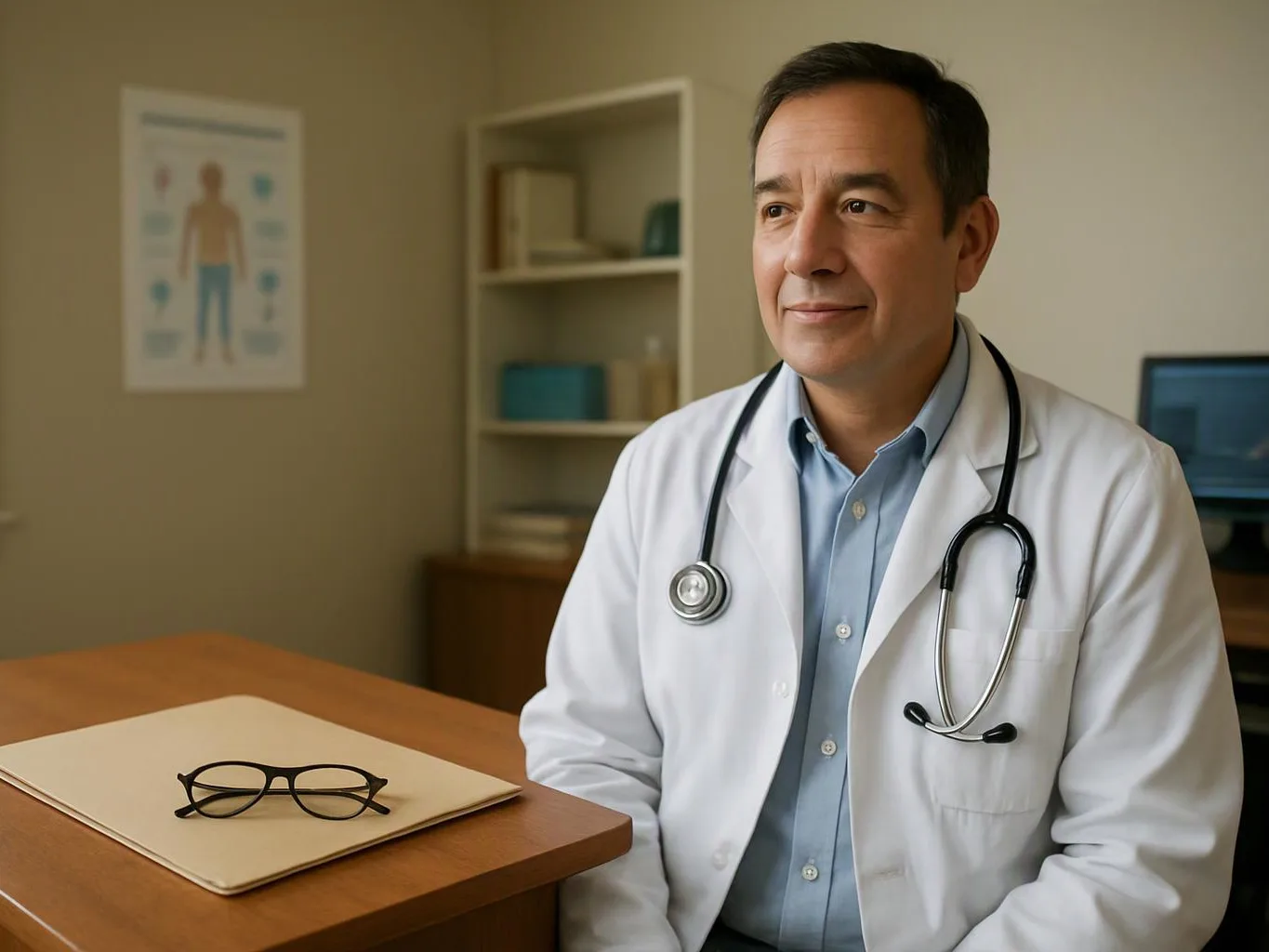 A doctor in a white coat sits beside a desk, with glasses on a folder in a quiet exam room