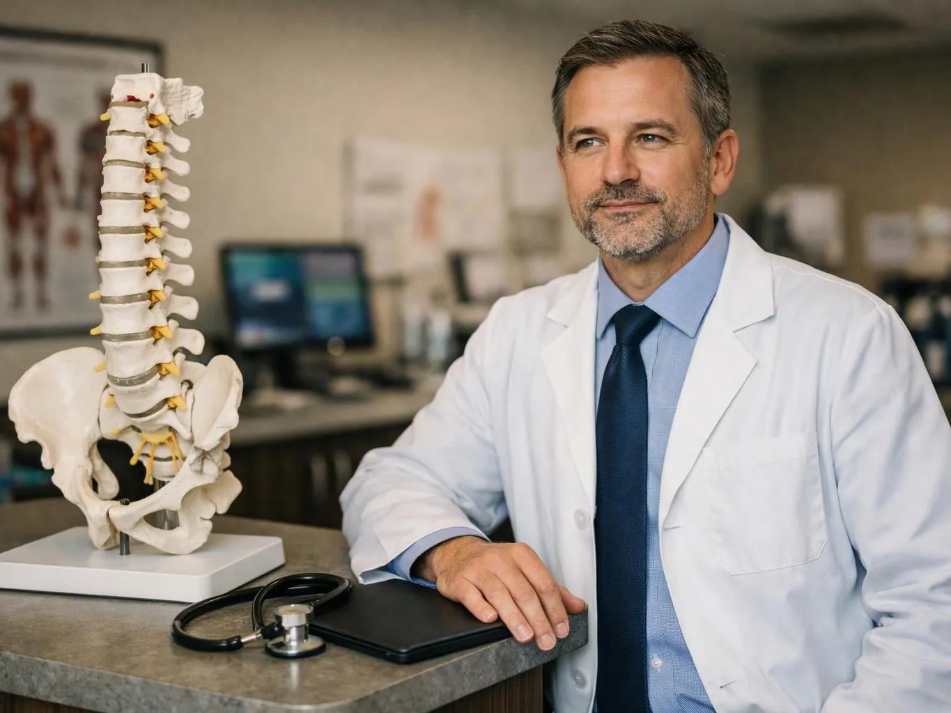 A doctor in a white coat sits beside a spine model, with a stethoscope on the counter in a clinic office
