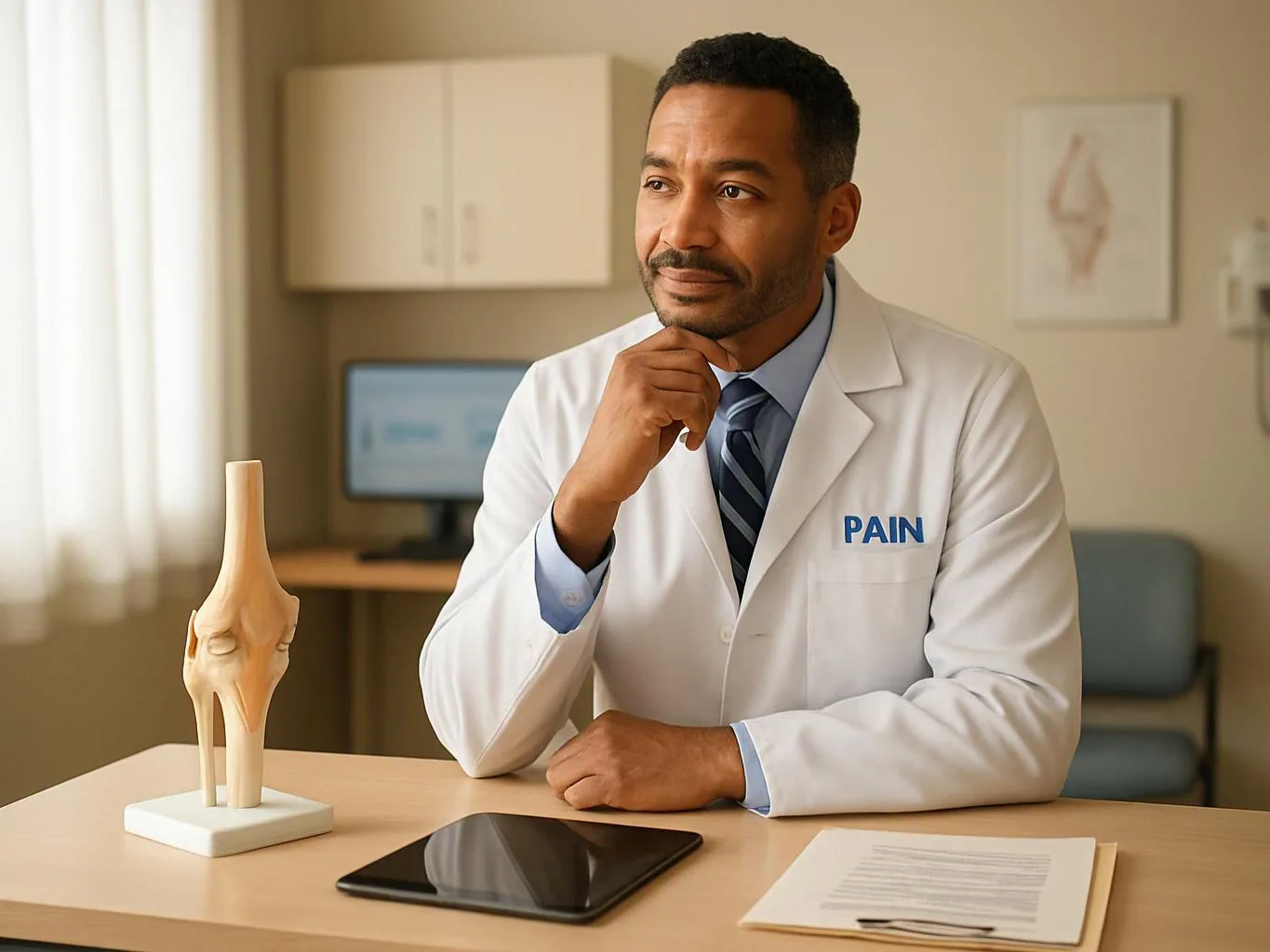 A doctor in a white coat sits at a desk with a knee model, tablet, and papers in a clinic office