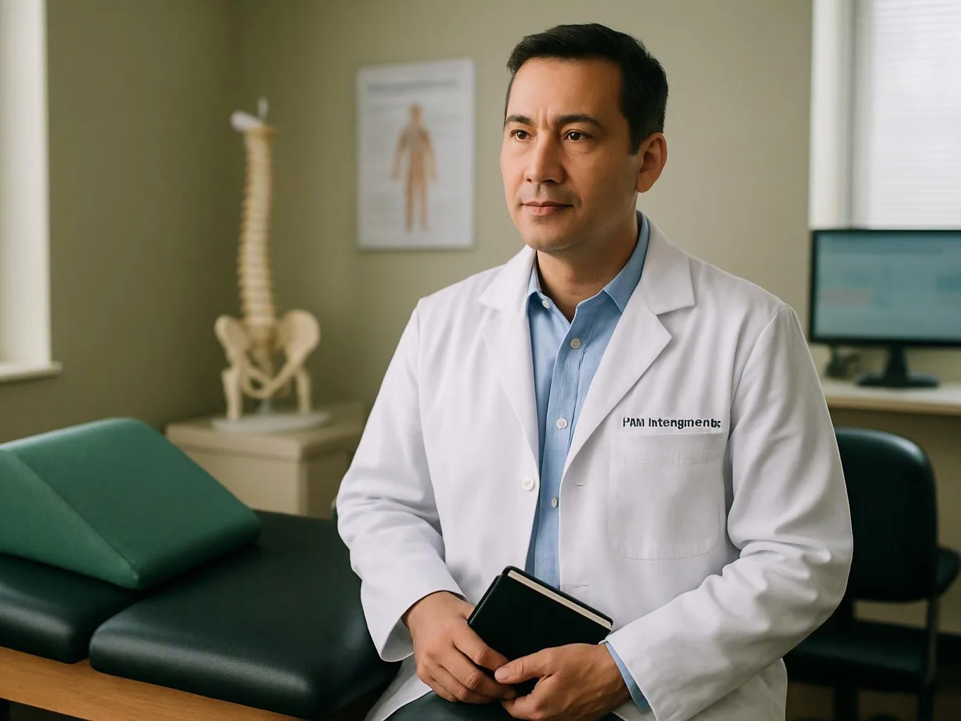 A doctor in a white coat sits in an exam room holding a notebook near a treatment table and spine model